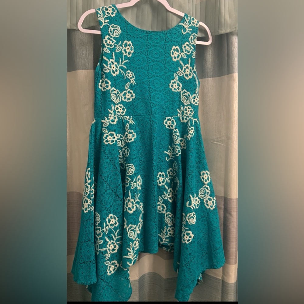 Knitworks girls dress size 14 embroidered flowers lace overlay turquoise